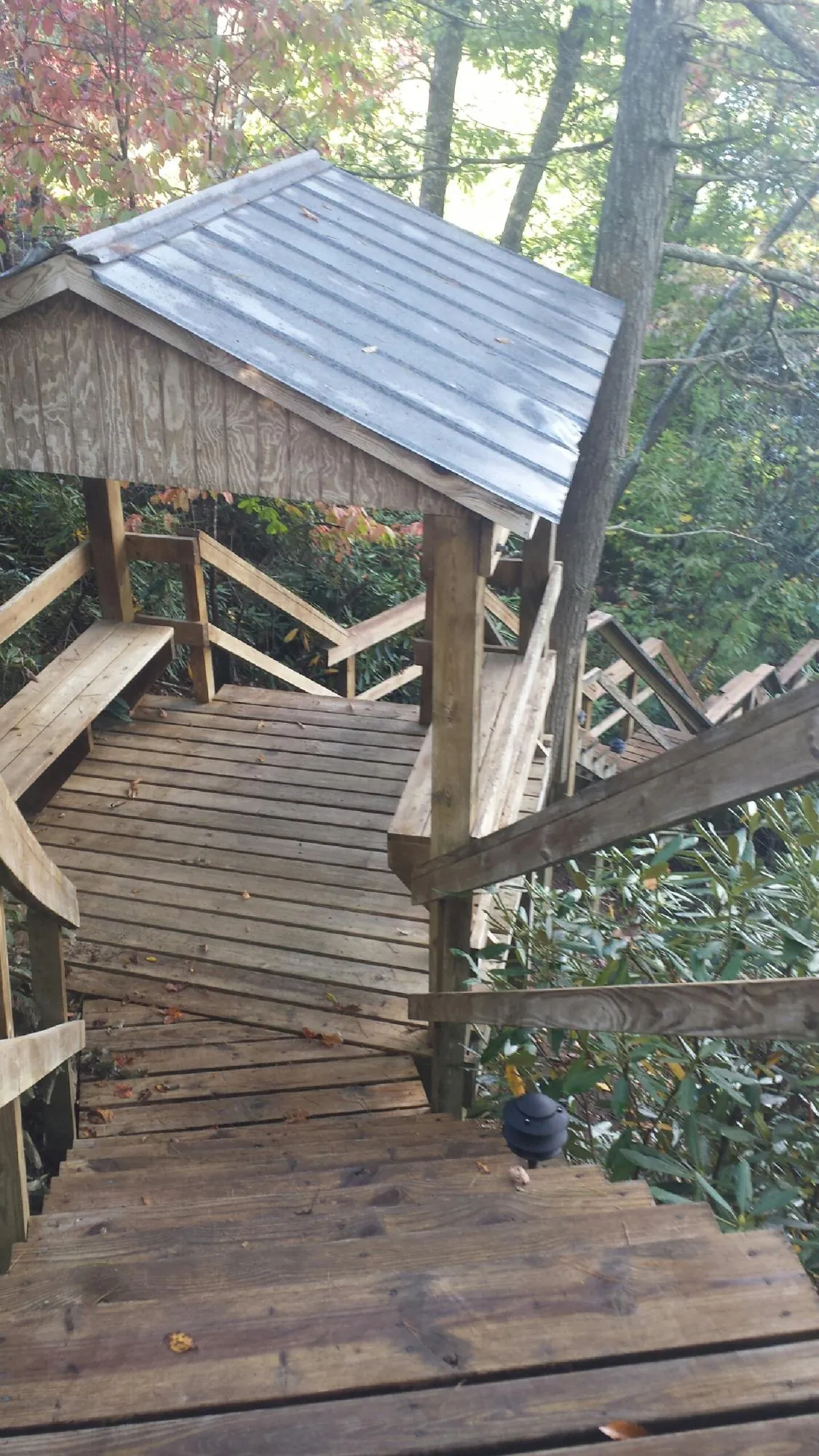 Metal roofed shelter over wooden steps on a wooded walkway — Skylight Repair & Installation work by our crew in Terrace Park